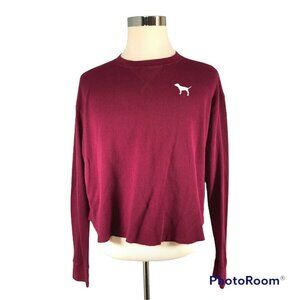 Victorias Secret Pink Womens Burgundy Long Sleeve Waffle Knit Top Size L Large